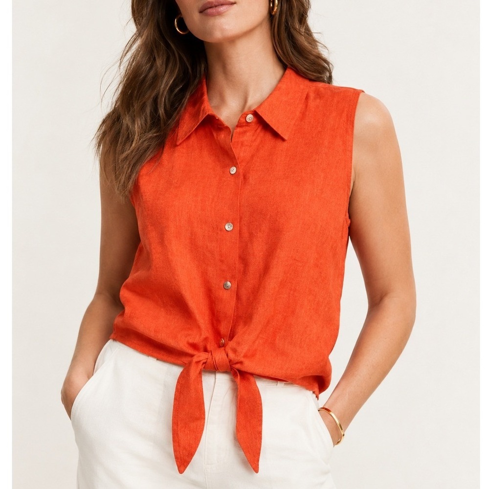 Cali Cali Top Womens Medium Tie Front Sleeveless 100% Linen Button Down Orange
